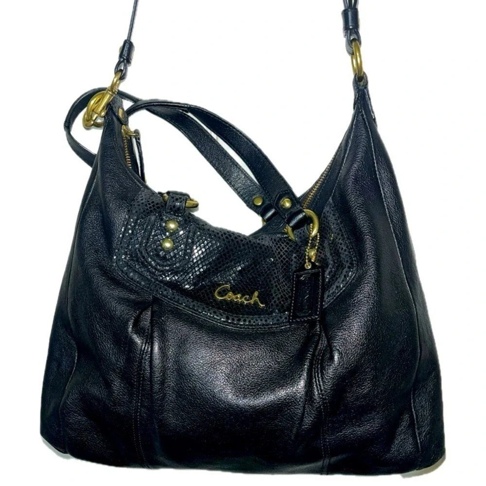 COACH Ashley Black Leather Python Trim Purse Shoulder Hobo Handbag F20104